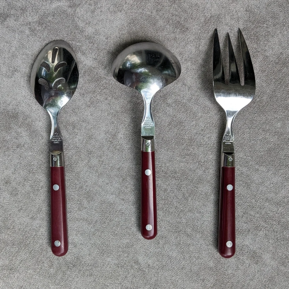 W F Washington Forge Mardi Gras 3 Serving Pieces Flatware Maroon Red Stainless